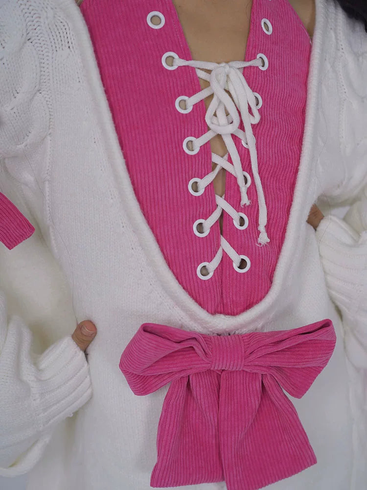 Oversize Fake Layered Bow Knit Sweater