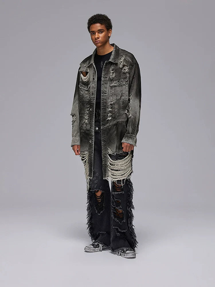 Damage Fringe Oversize Wash Long Sleeve Denim Shirt