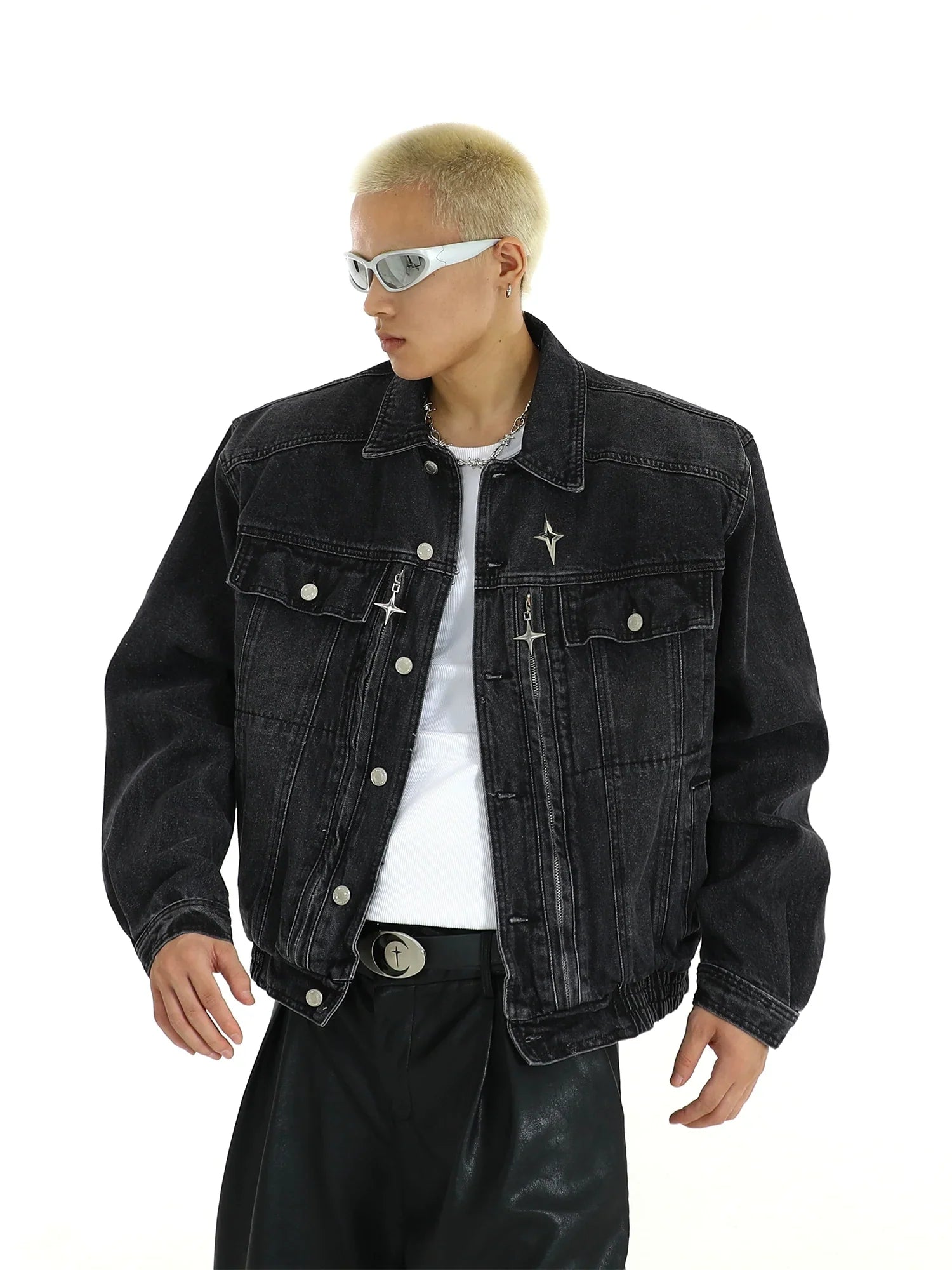 Metal Zipper Design Washed Short Denim Jacket