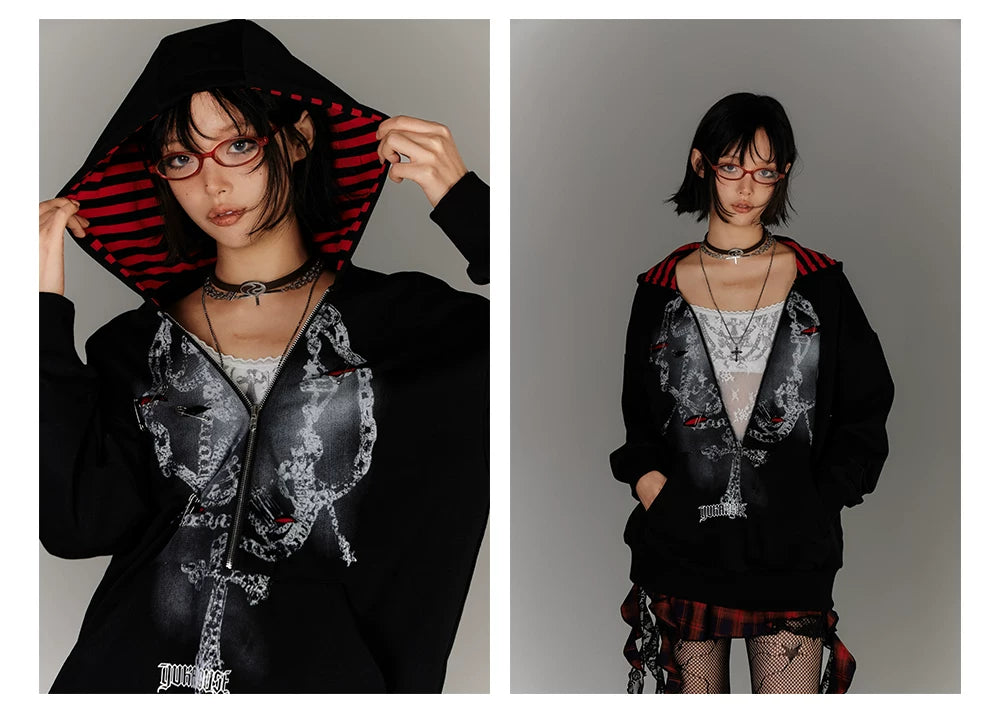 Fake Layered Zipper Stripe Oversize Pullover Hoodie