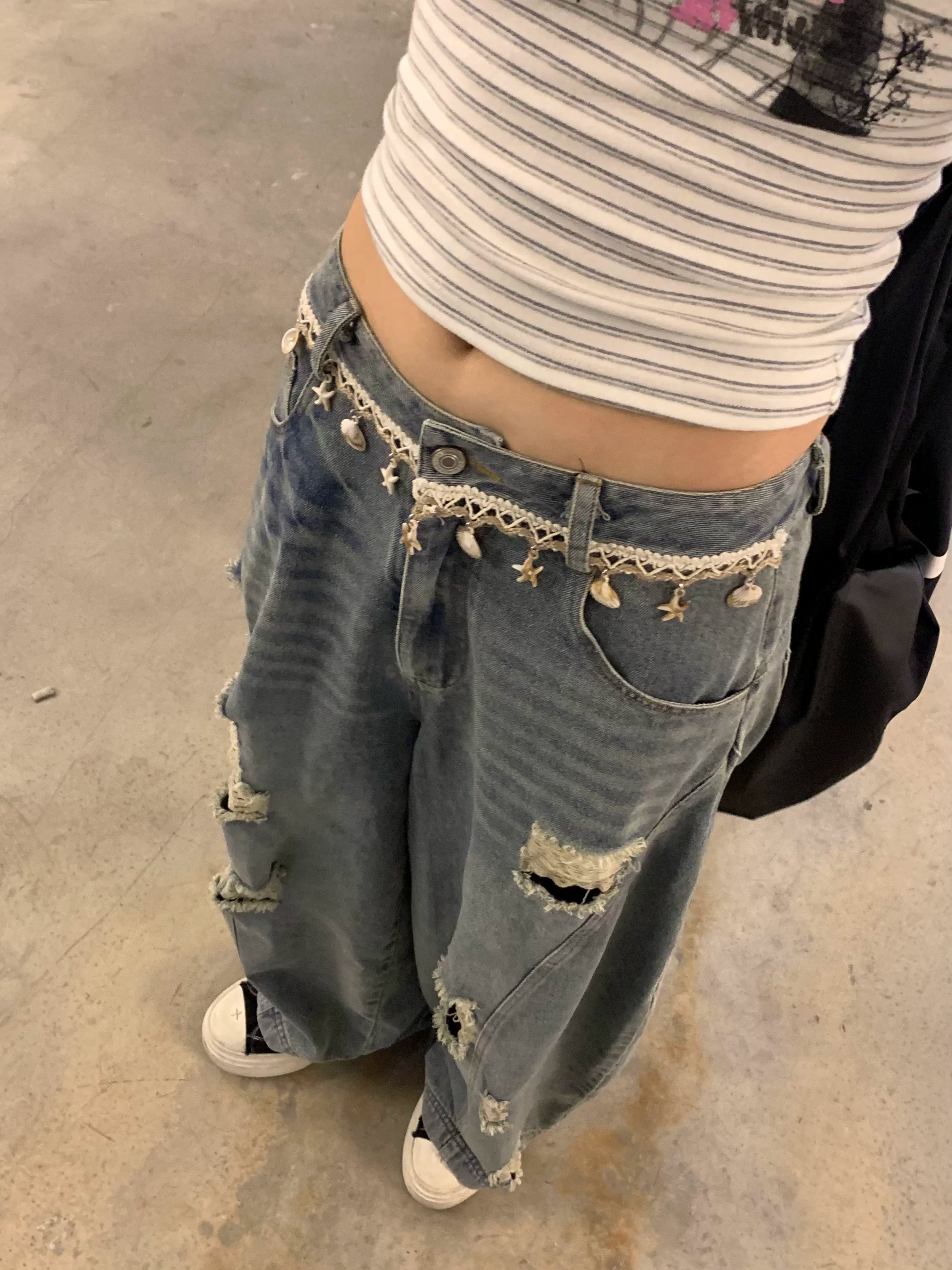 Washed Damage Wide Leg Shell Decoration Denim Jeans