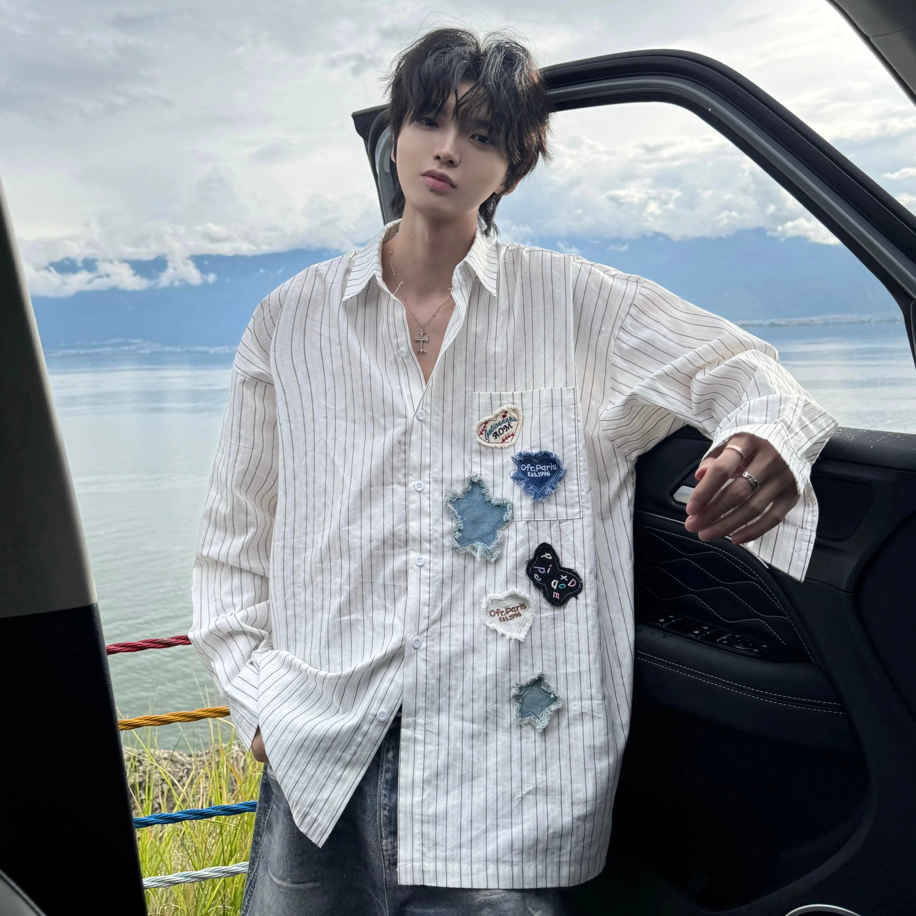 Patch Embroidery Stripe Long Sleeve Shirt
