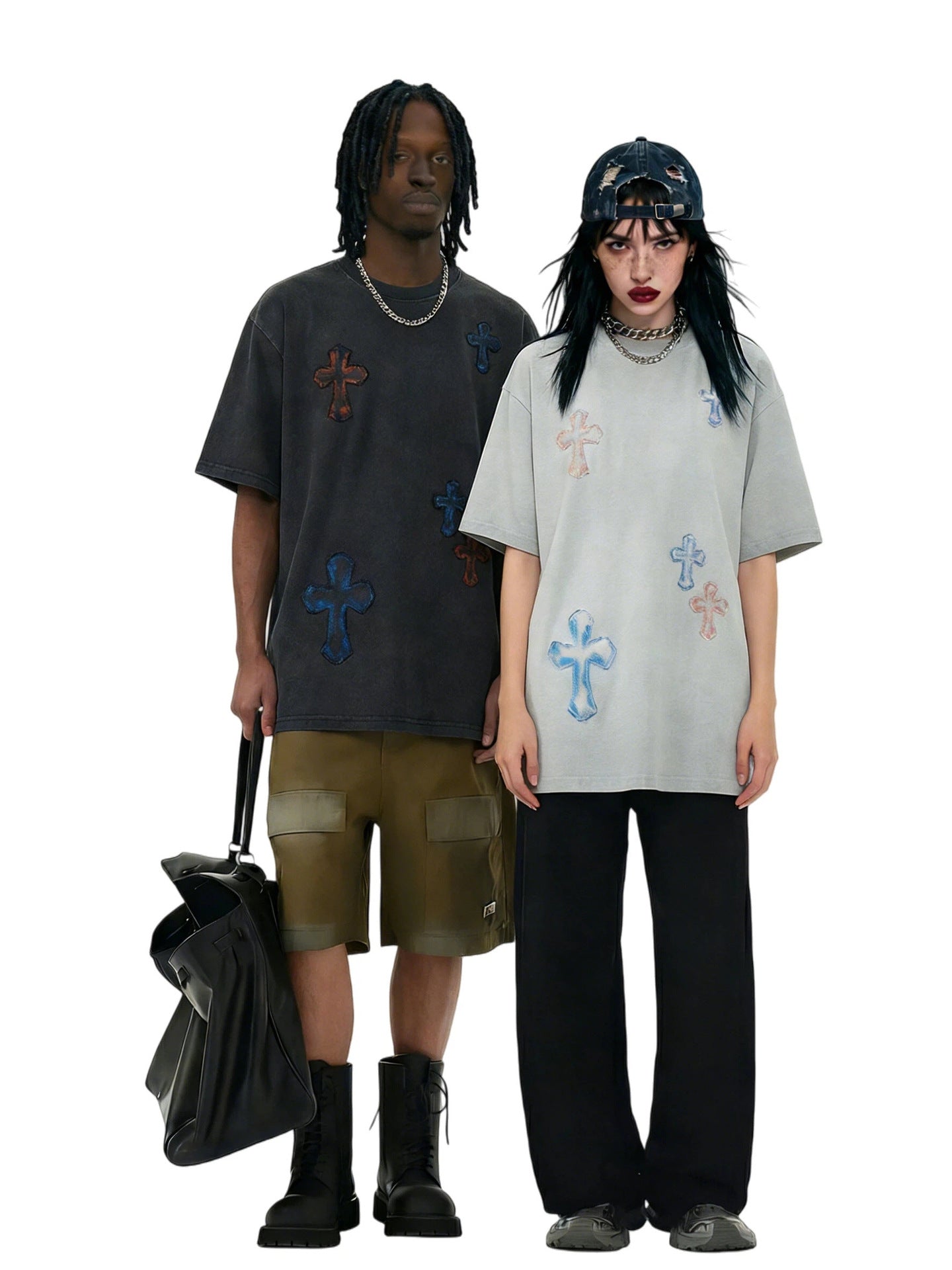 Washed Cross Applique Short Sleeve T-Shirt