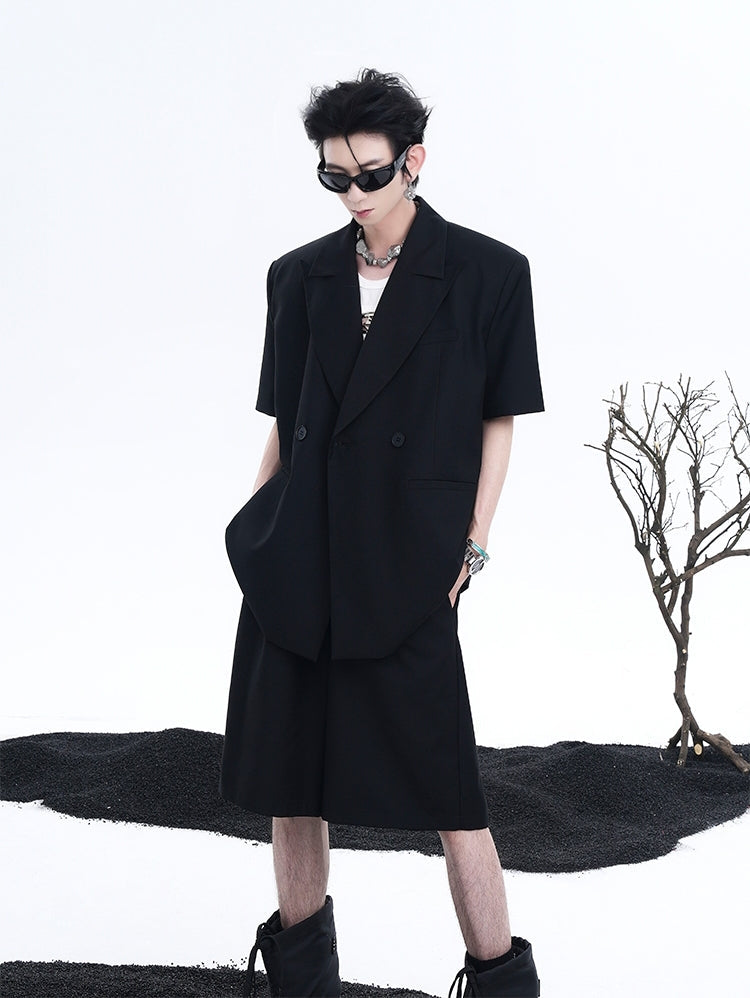 Short Sleeve Tailored Jacket & Wide-Leg Straight Shorts Setup