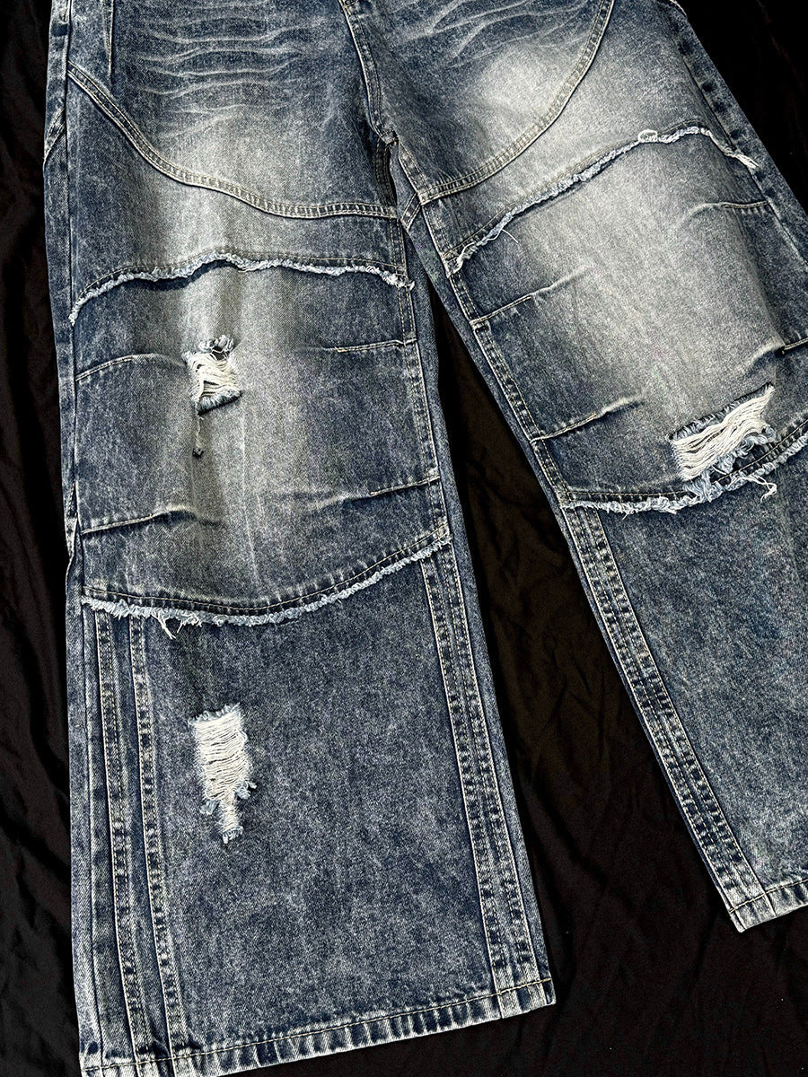 Washed Damage Splice Wide Leg Denim Jeans