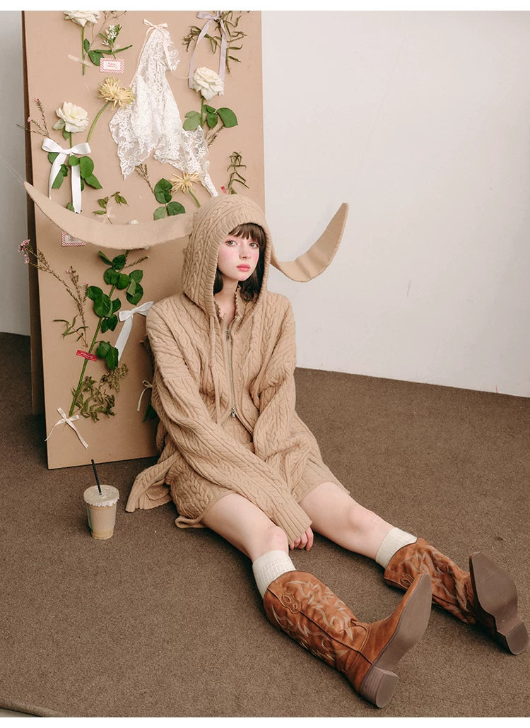 Bunny Hare Ear Hooded Zipper Knit Cardigan & Knit Skirt Setup