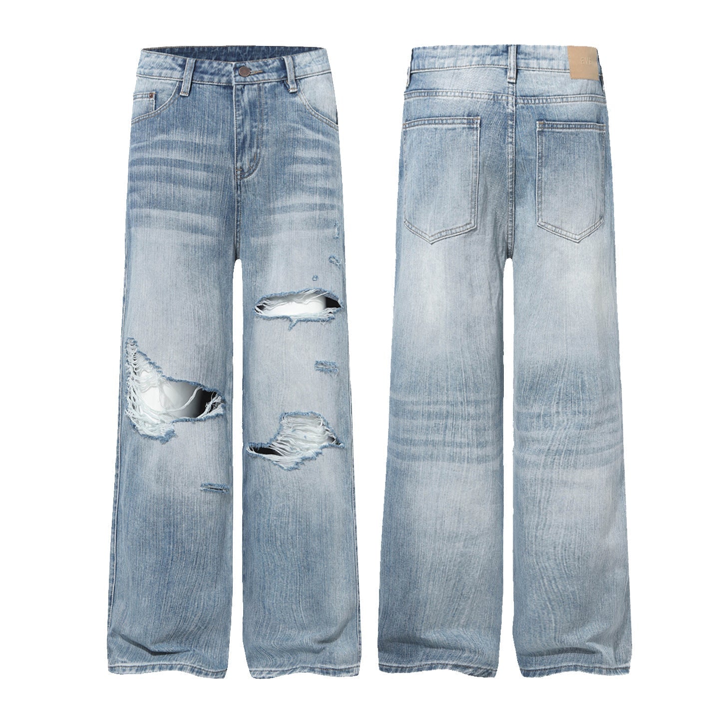 Damage Whisker Washed Wide Leg Denim Jeans