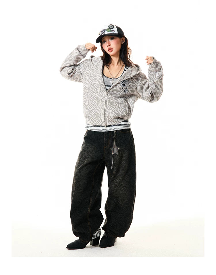 Zebra Print Graphic Zip-Up Hoodie