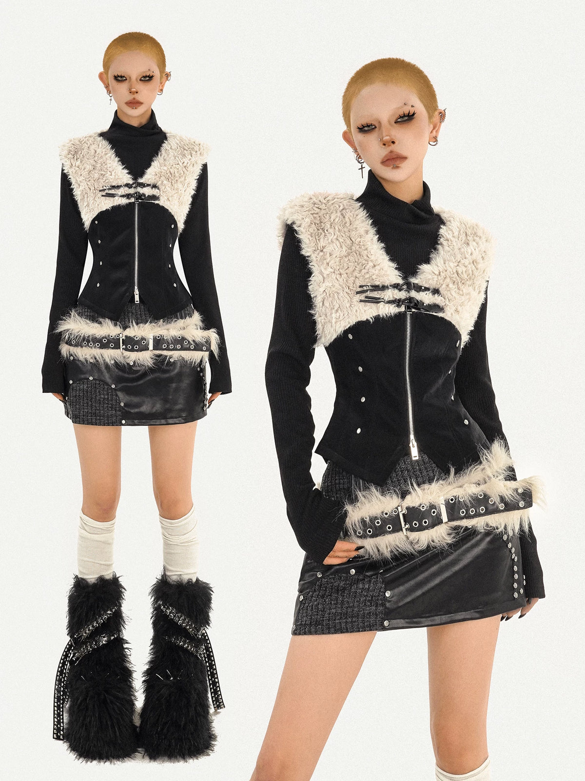 Fake Fur Patchwork V-Neck Slim PU Leather Vest & Ribbed High-Neck Knit Sweater