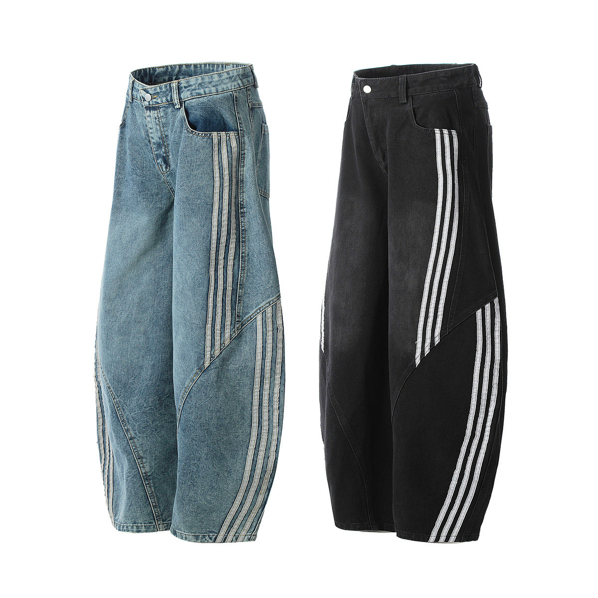 Washed Triple Stripe Panel Design Wide Leg Denim Jeans