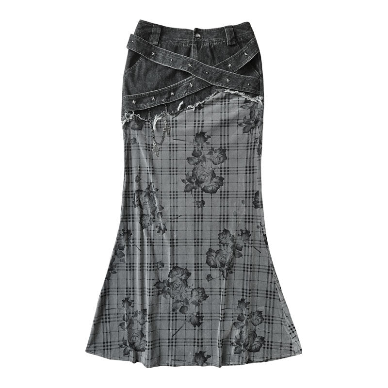 Plaid Rose Low Saturation Denim Skirt