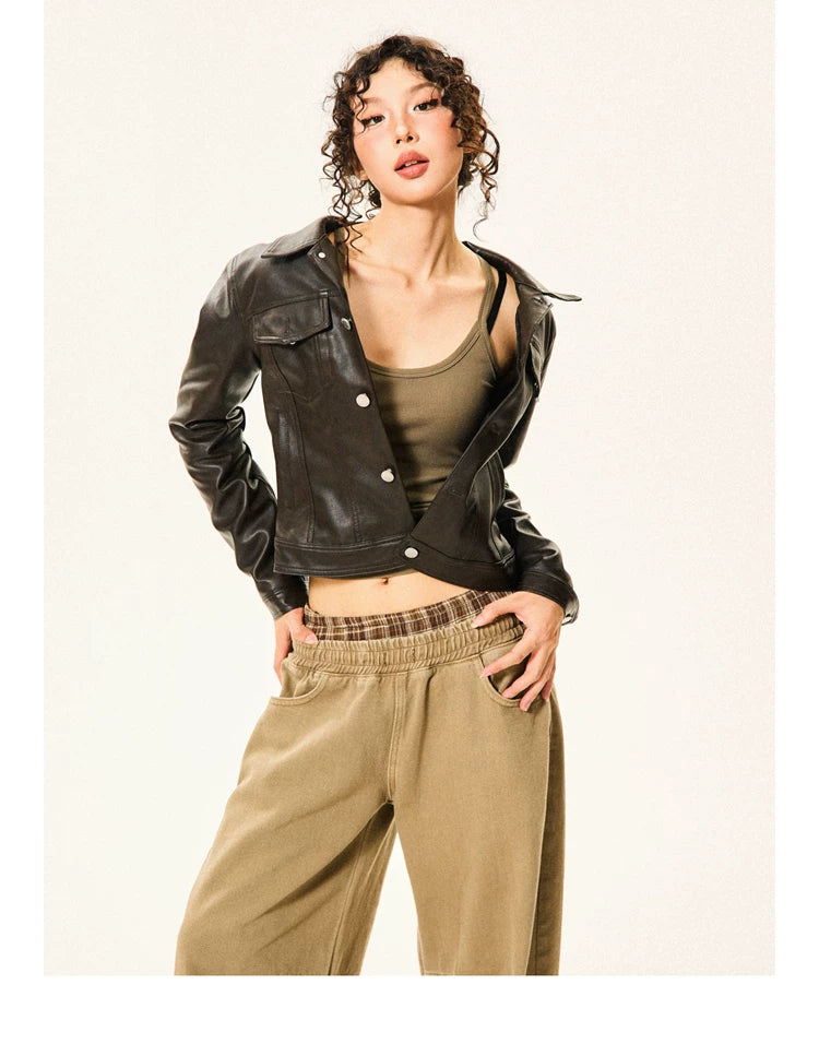 PU Leather Standing-Collar Short Jacket