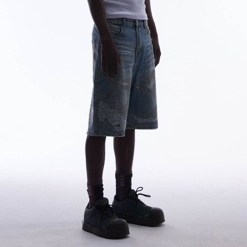 Rhinestone Camouflage Wash Denim Jort
