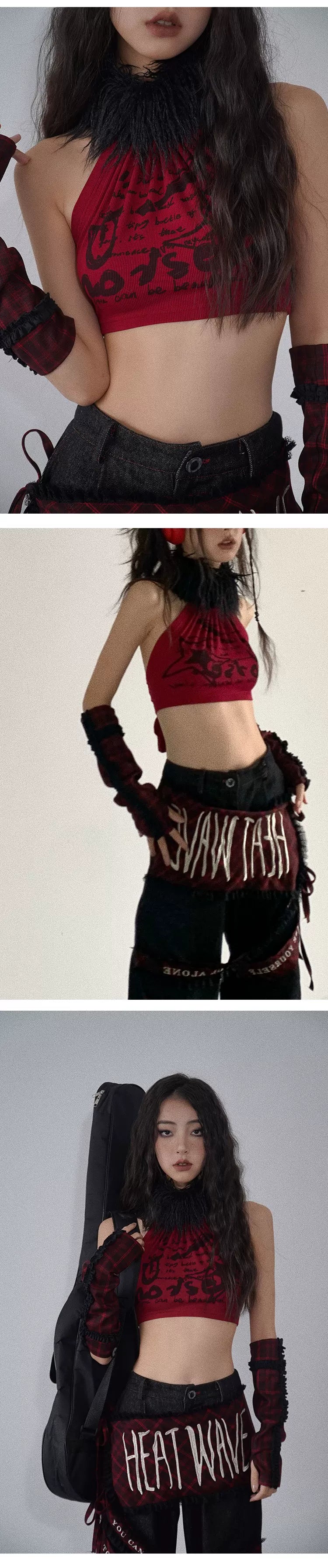 Red & Black Rock-Inspired Detachable Fur Collar Two-Way Camisole
