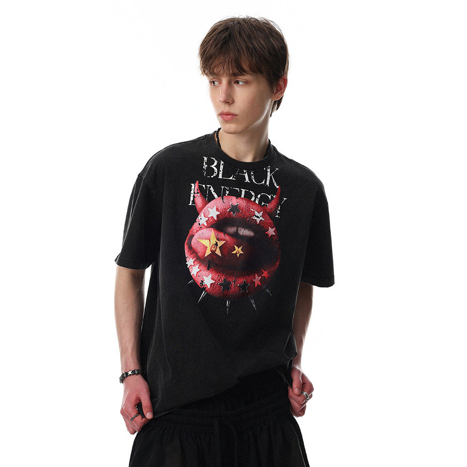 Graphic Print Washed Damage Cotton Short Sleeve T-Shirt