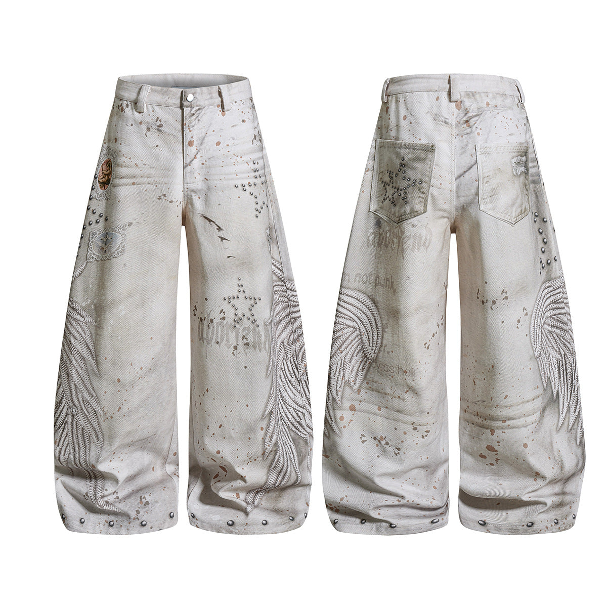 Studs Paint Wing Wide Leg Denim Jeans