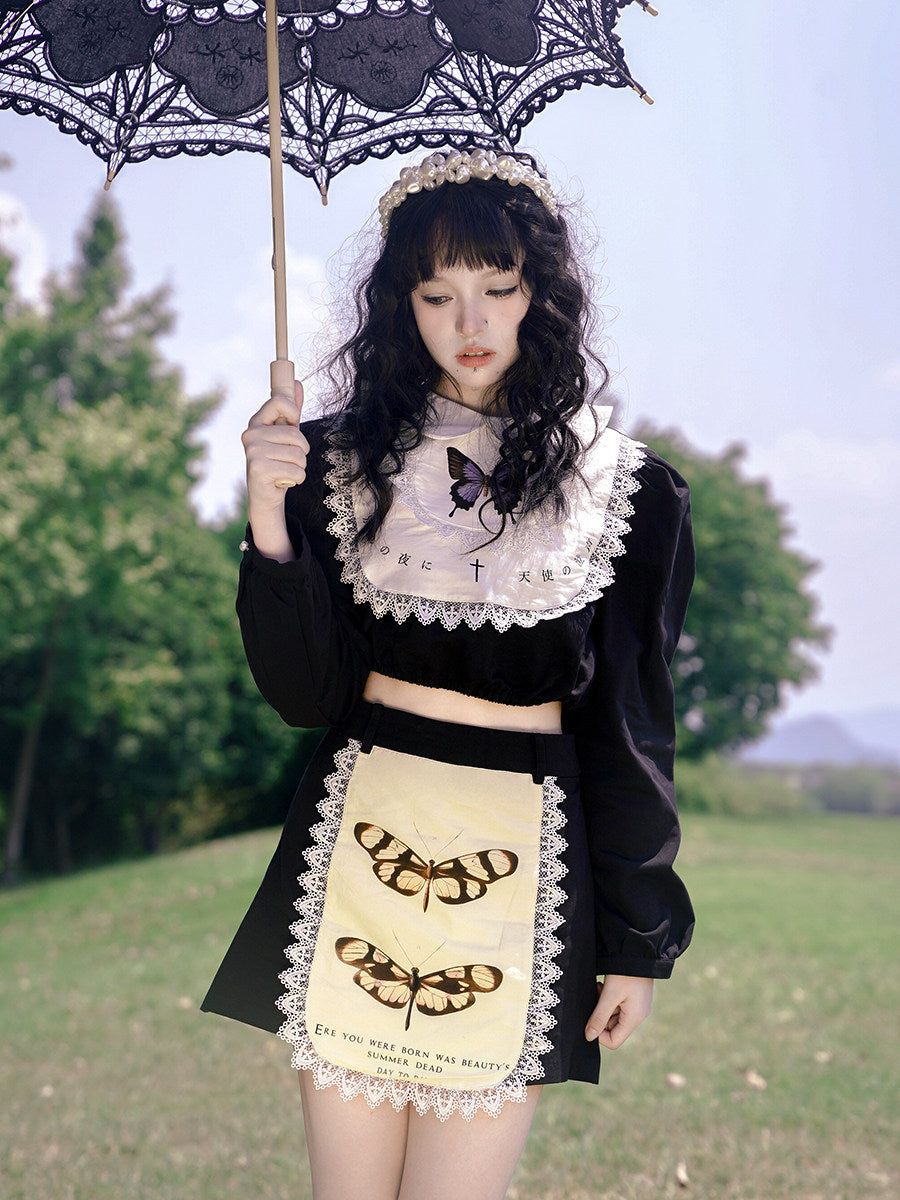Graphic Print Lace Ruffle Skirt