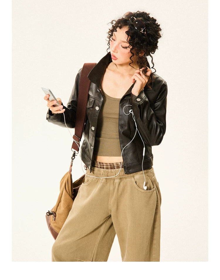 PU Leather Standing-Collar Short Jacket