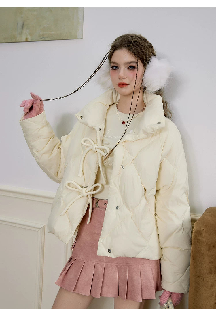 Bow Design Stand Neck White Duck Down Jacket