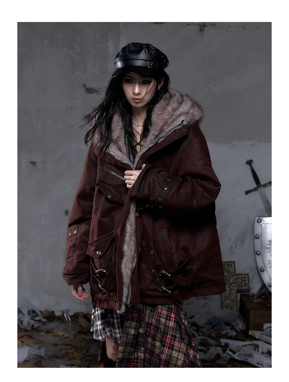Fake Fur Hooded Multi-Pocket Buckle Detail Jacket