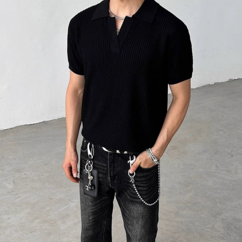 Striped Textured Summer Knit Short Sleeve Polo Shirt