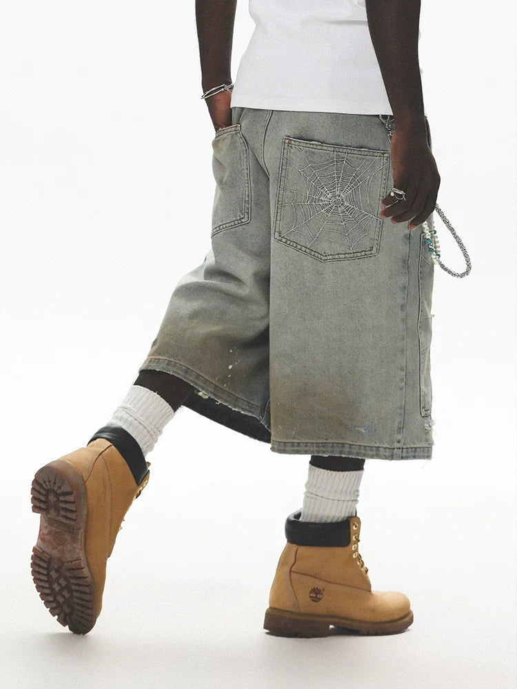 Spider Embroidery Washed Cropped Pants