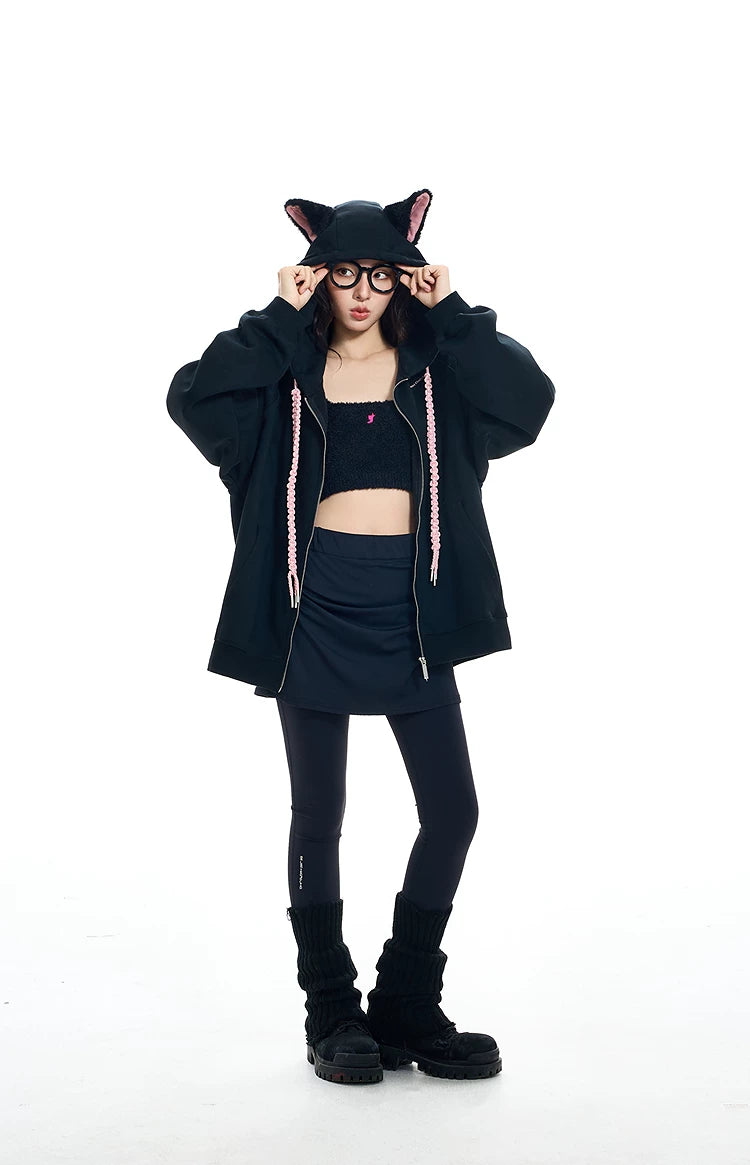 Ear Fleece Oversize Zipper Hoodie