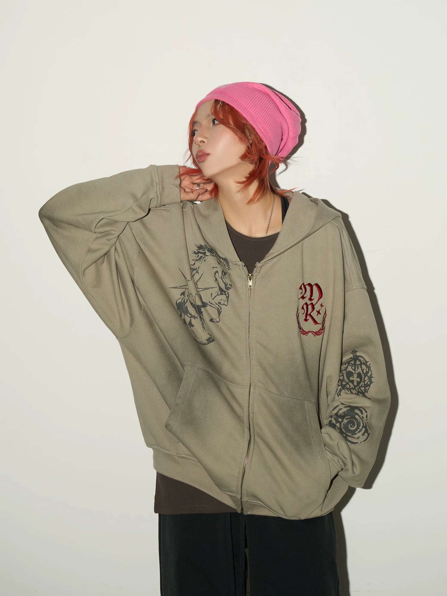 Embroidery Damage Zipper Hoodie