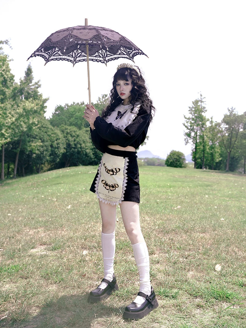 Graphic Print Lace Ruffle Skirt