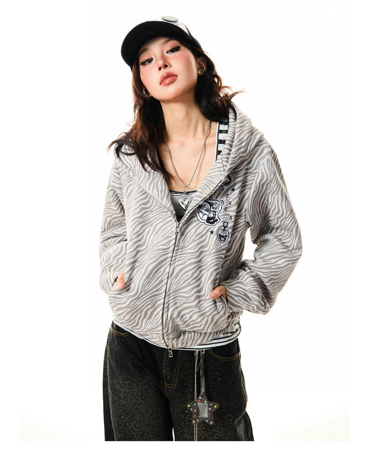 Zebra Print Graphic Zip-Up Hoodie