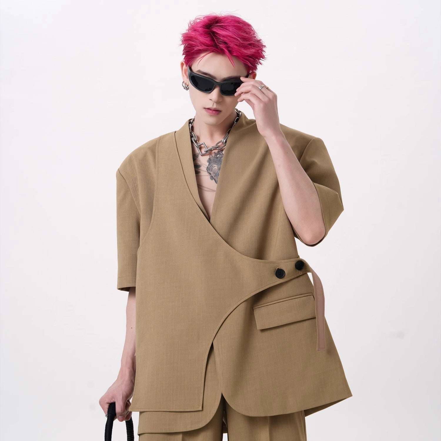 Short Sleeve Jacket & Wide-Leg Straight Trousers Setup
