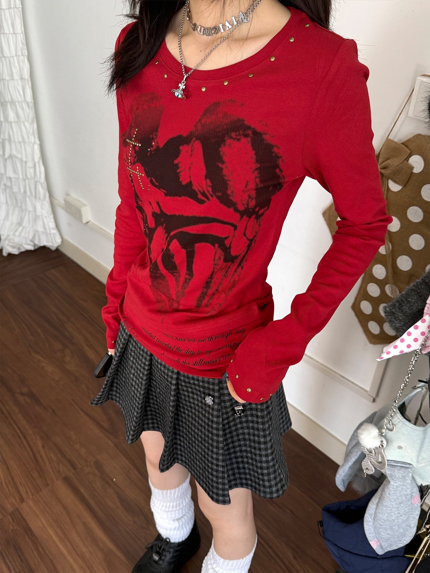 Cross Print Rivet Long Sleeve T-Shirt
