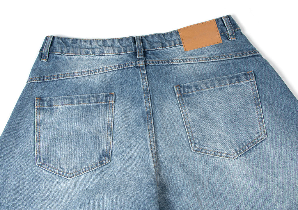 Washed Panel Design Wide Leg Denim Jeans