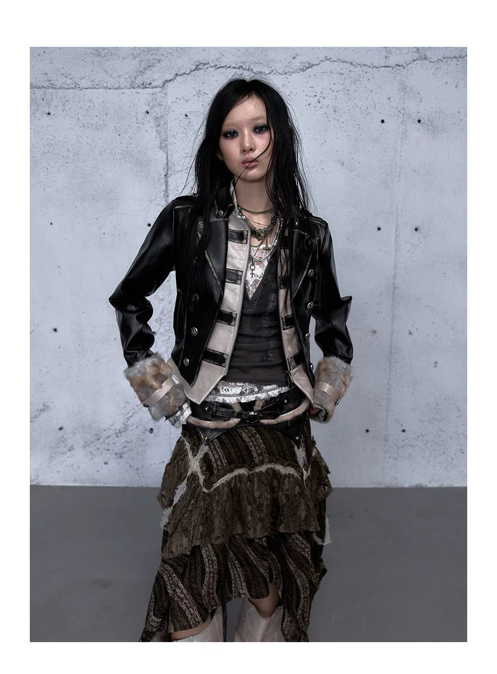 Standing-Collar Belt Detail Fake Fur Cuff PU Leather Jacket