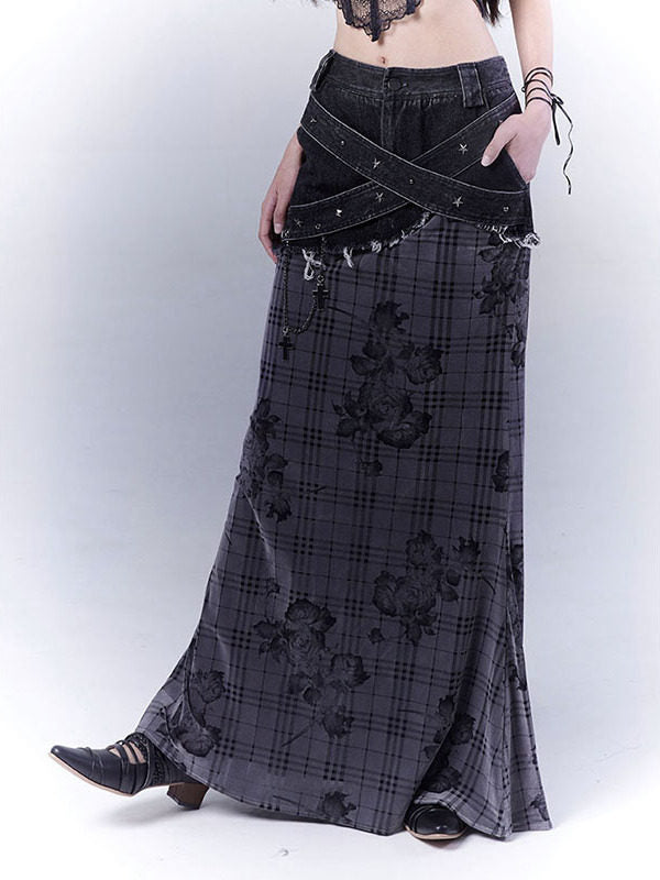 Plaid Rose Low Saturation Denim Skirt
