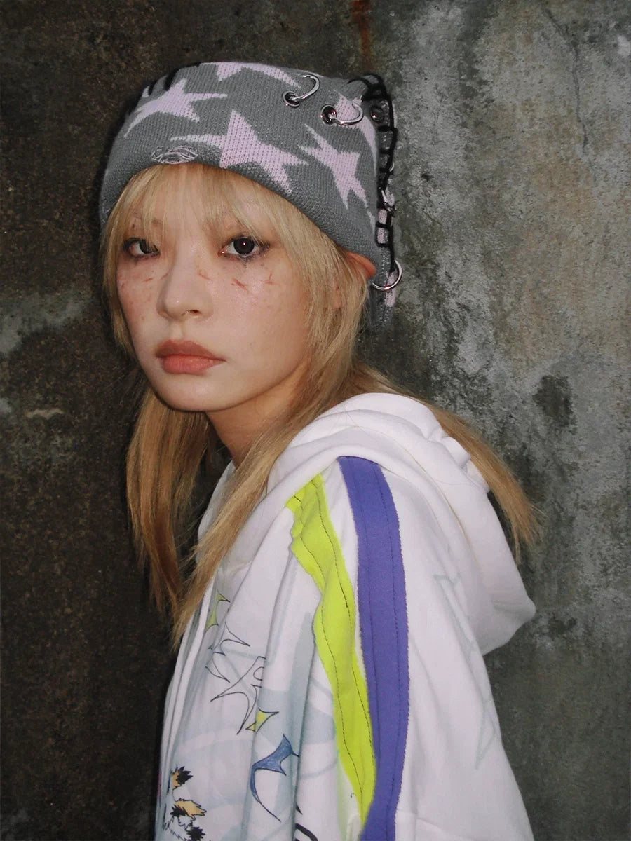 Star Print Rabbit Ear Knit Hat