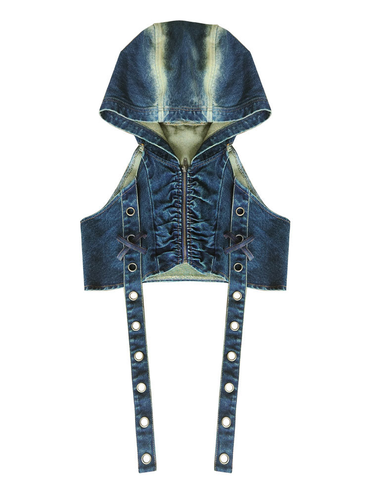 Denim Hooded Punk Zipper Vest