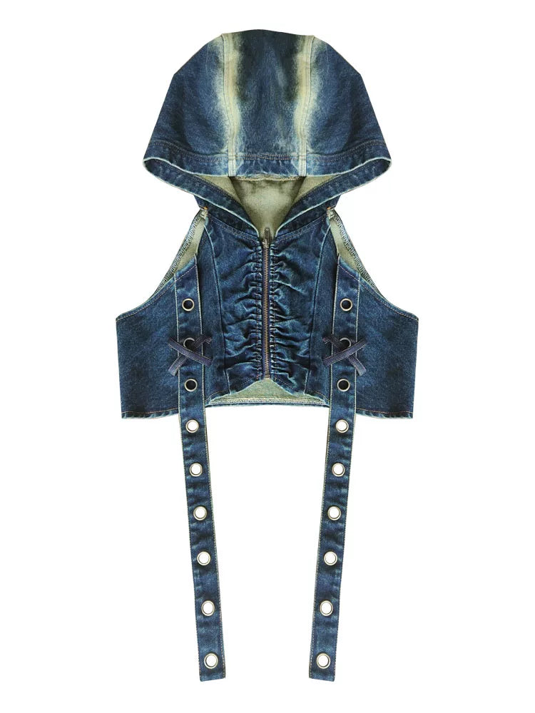 Denim Hooded Punk Zipper Vest
