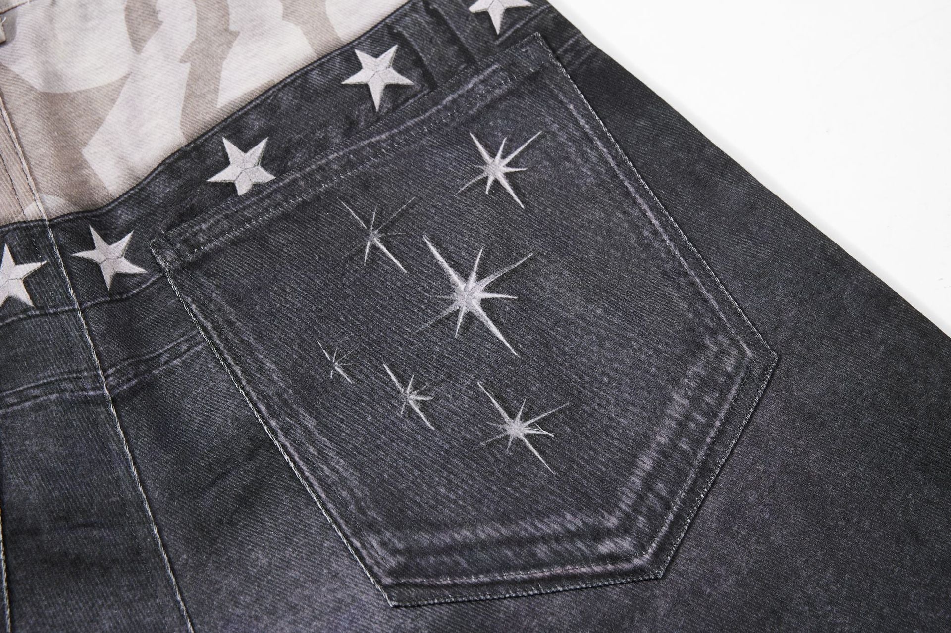 Star Damage Washed Wide Leg Denim Jeans