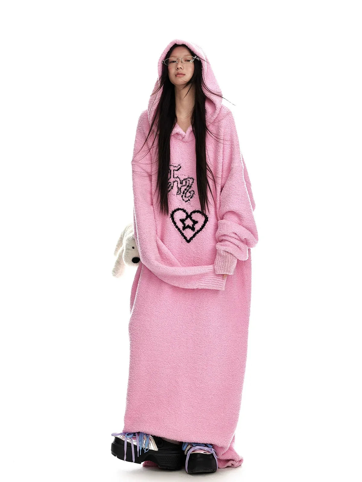 Fuzzy Hooded Knit Sweater Dress