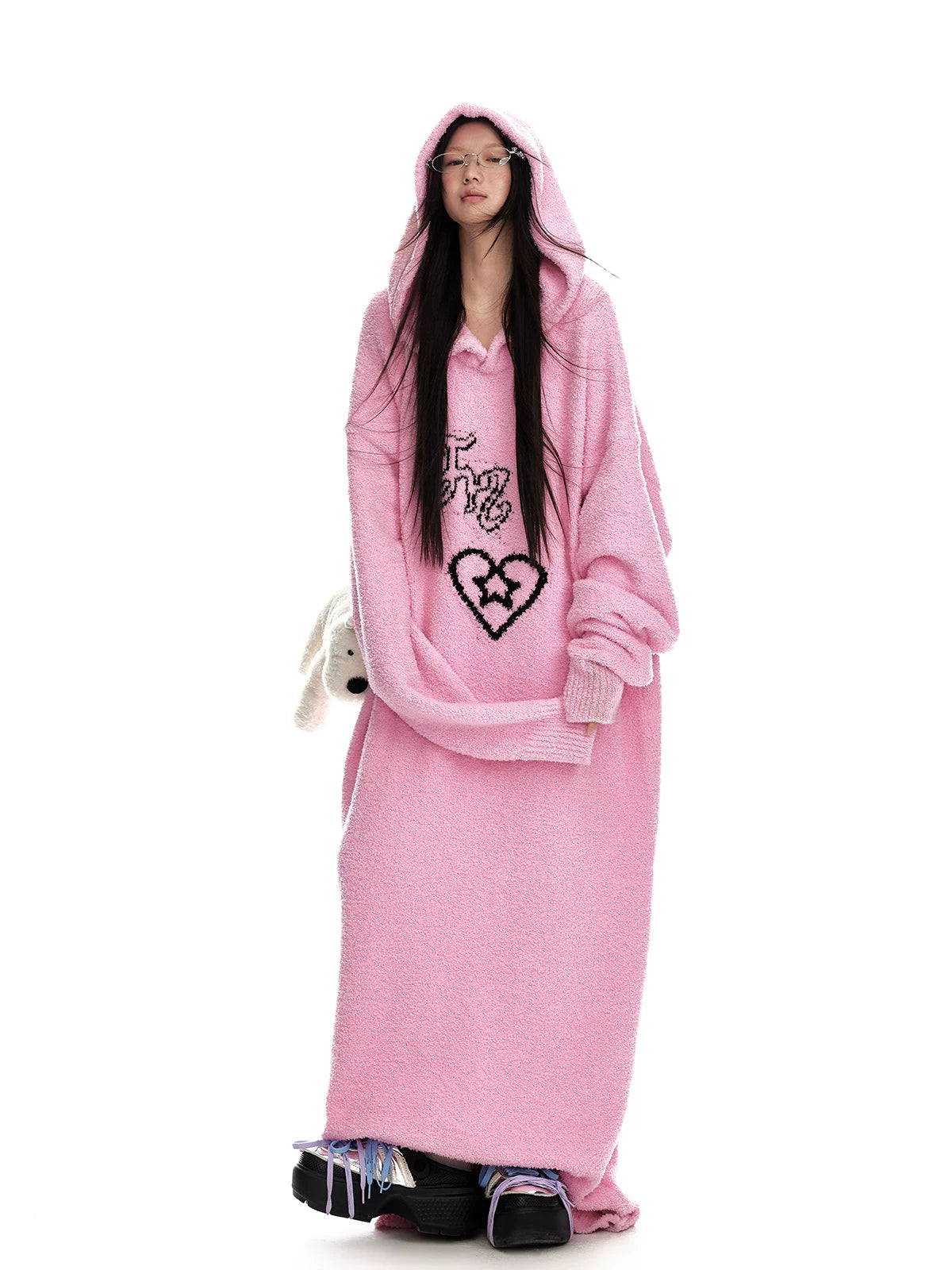 Fuzzy Hooded Knit Sweater Dress