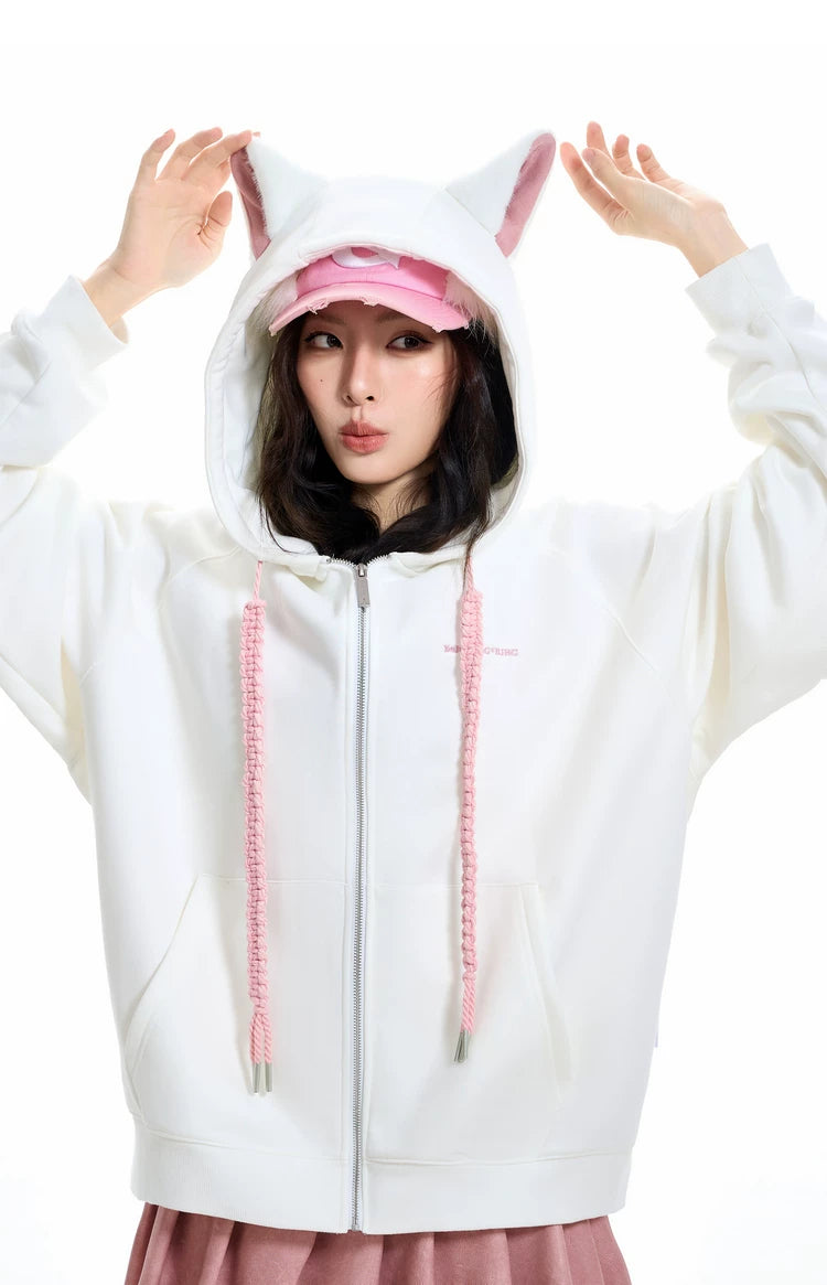 Ear Fleece Oversize Zipper Hoodie