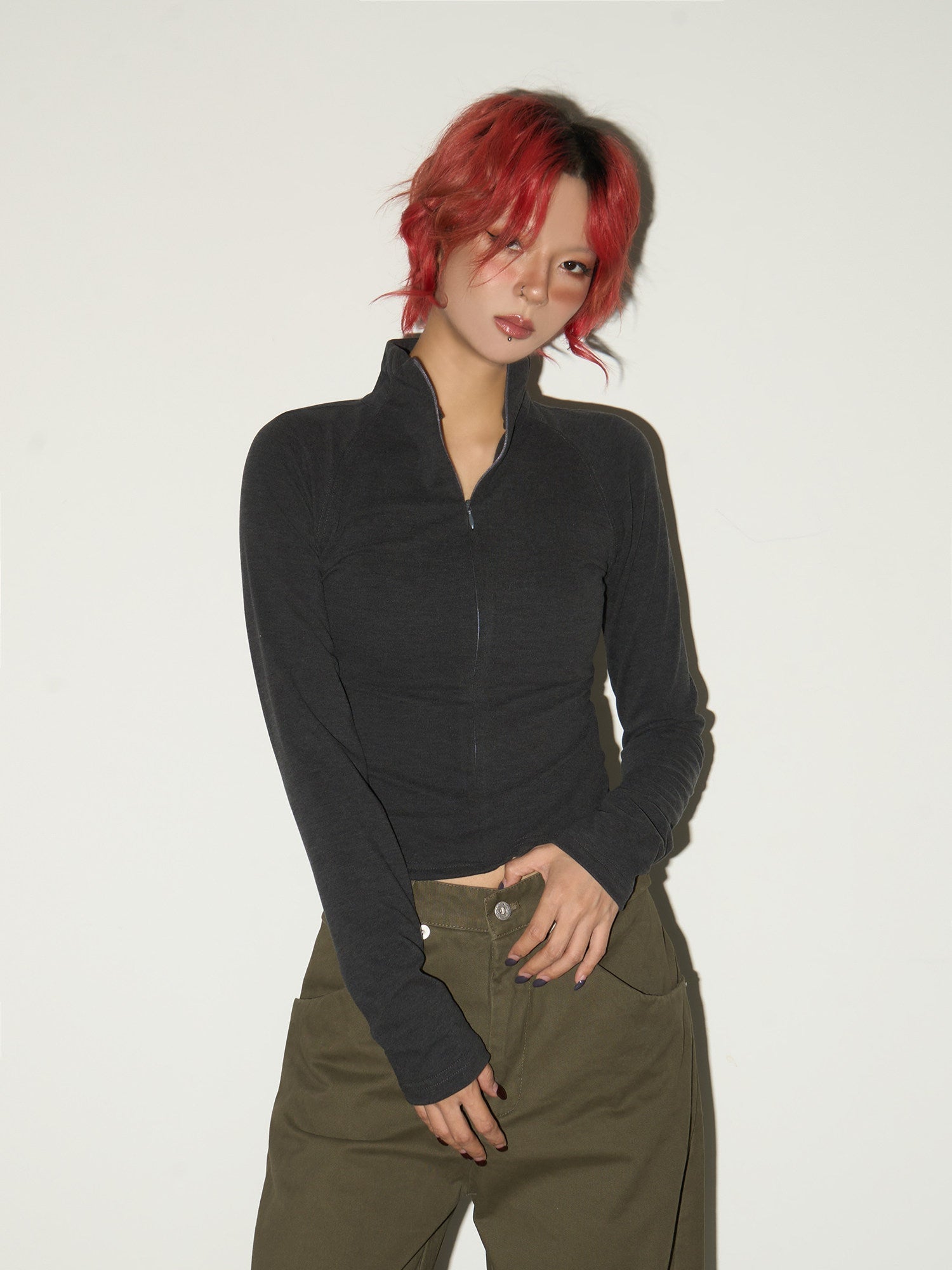 Half Zip Fitted Long Sleeve T-Shirt