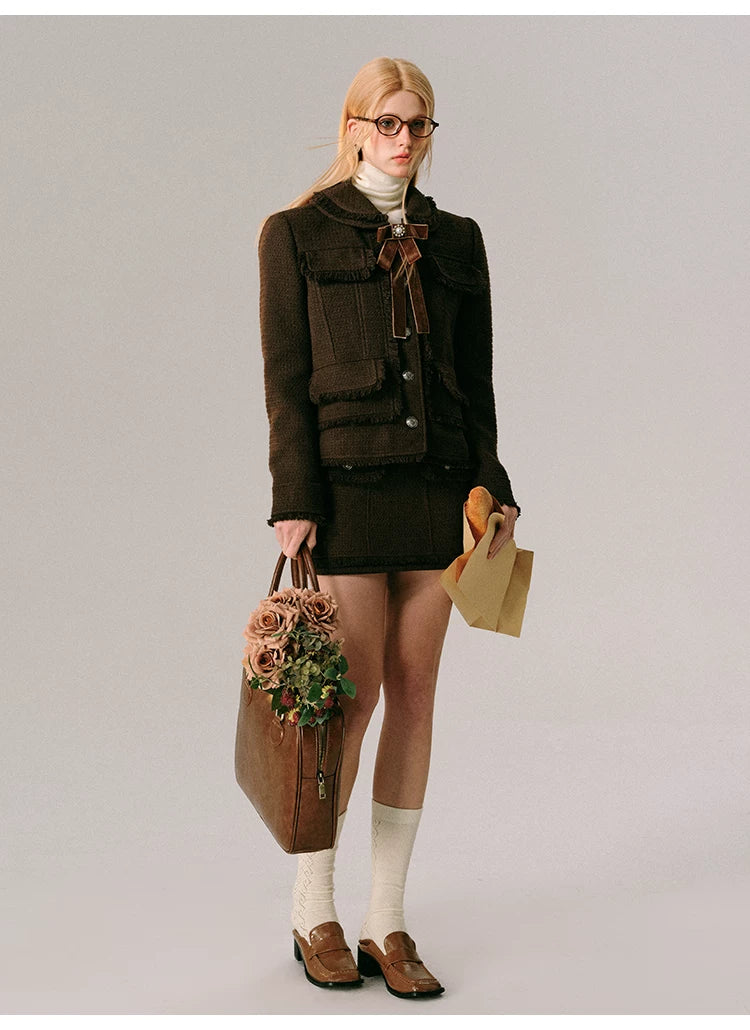 Bow Design Wool Blend Jacket & Short Skirt Setup