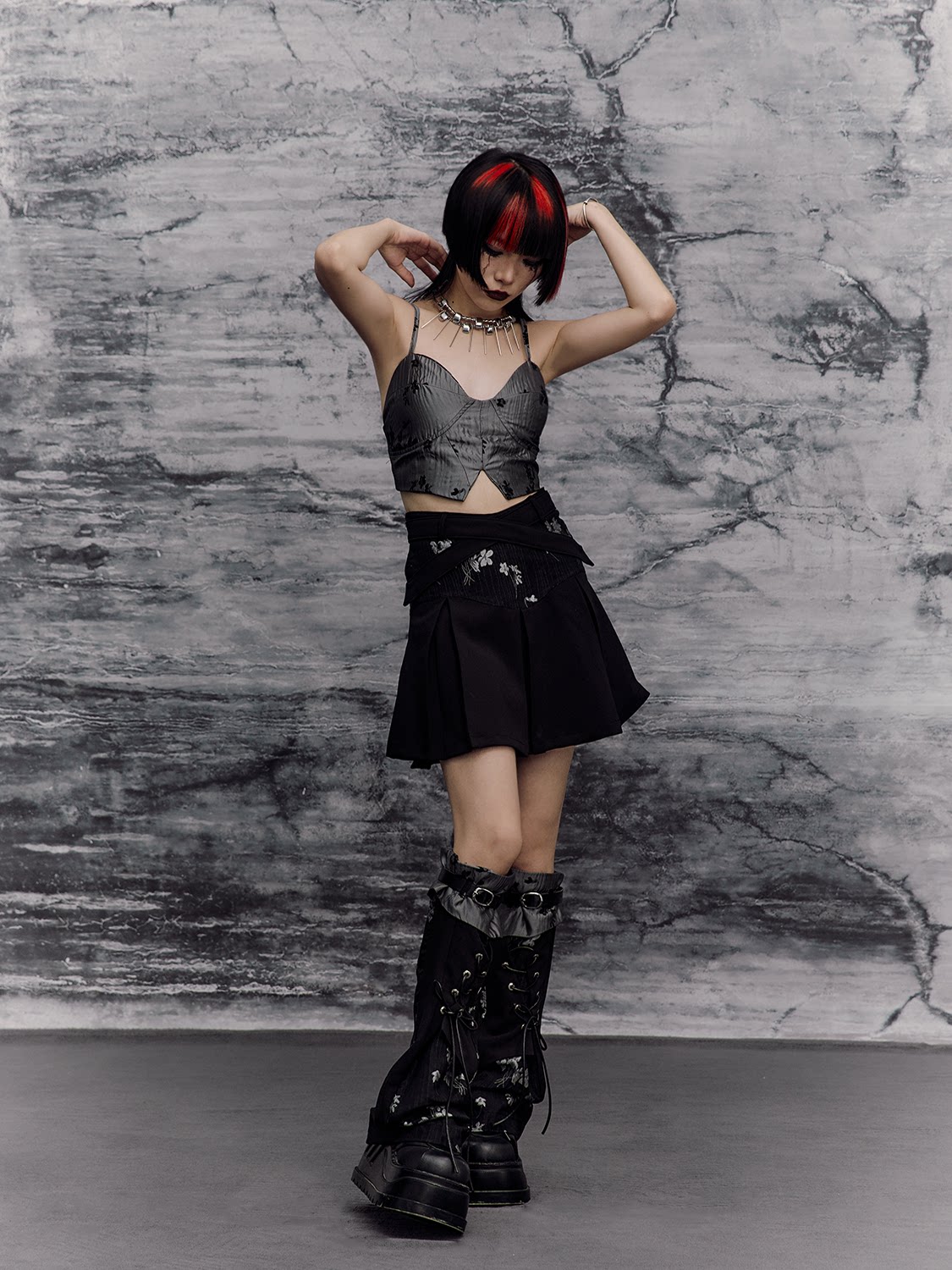 Chinese Style A-Line Jacquard Pleats Short Skirt