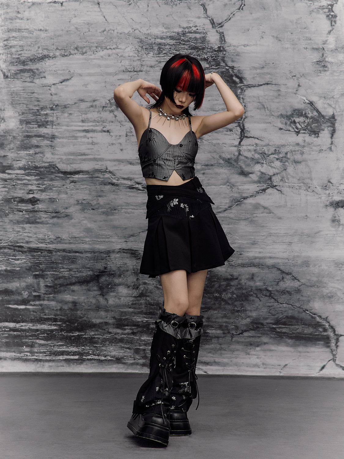 Chinese Style A-Line Jacquard Pleats Short Skirt