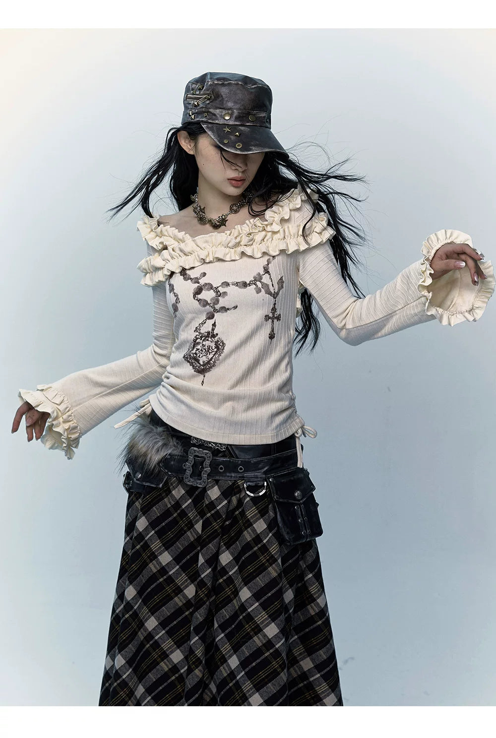 Ruffle Print Flare Sleeve Long Sleeve T-Shirt