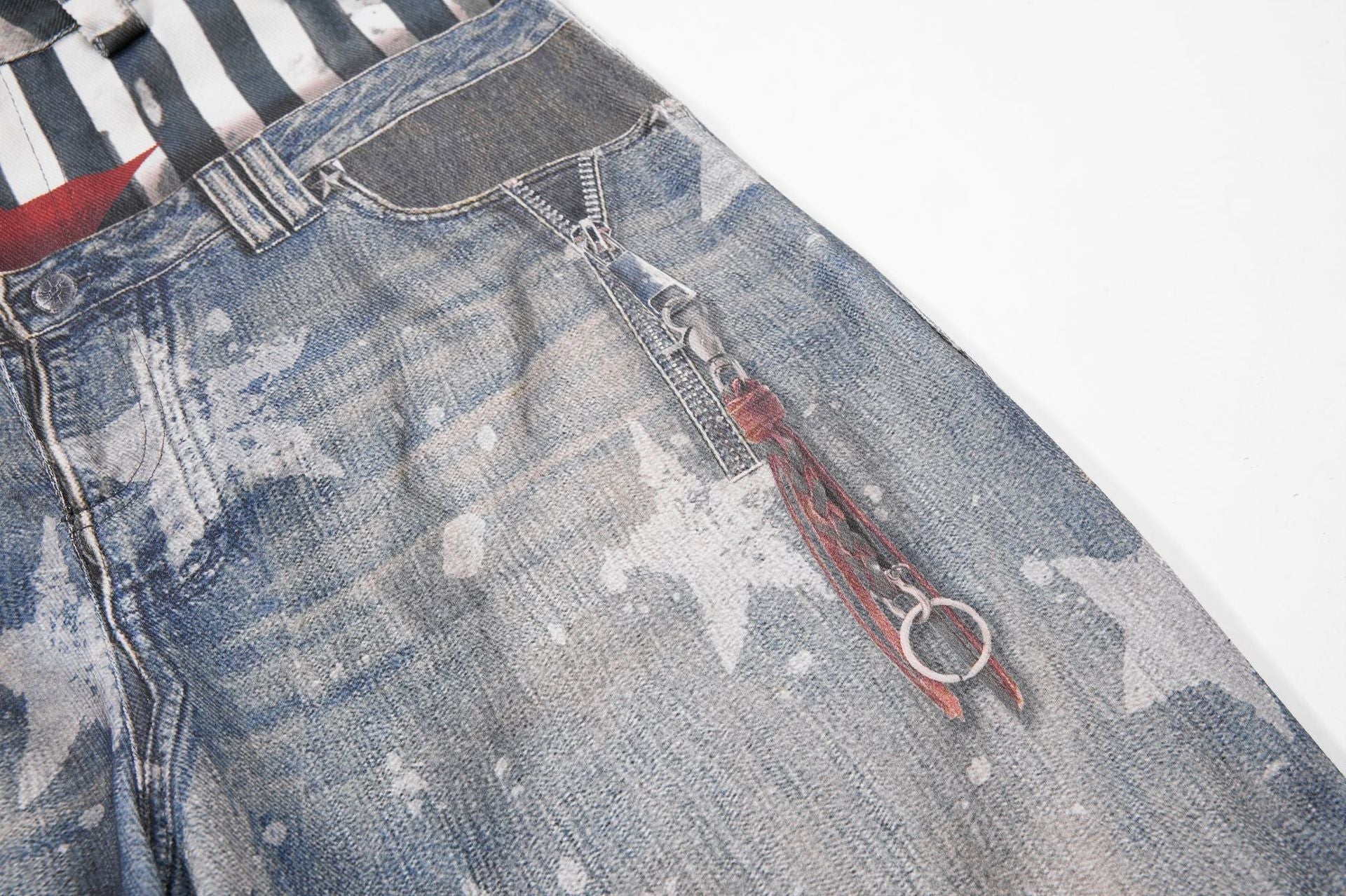Star Print Fake Layered Curved Wide Leg Denim Jeans