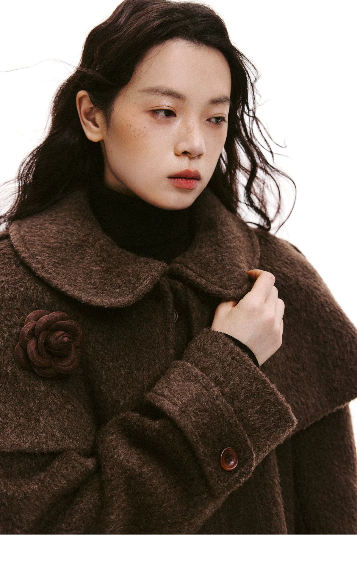 Cape Collar & Flower Detail Belted Coat