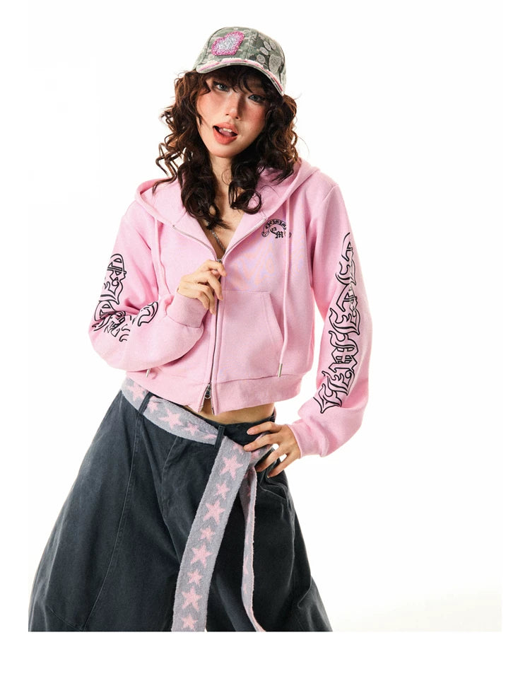 Gothic Logo Print Cropped Zipper Hoodie
